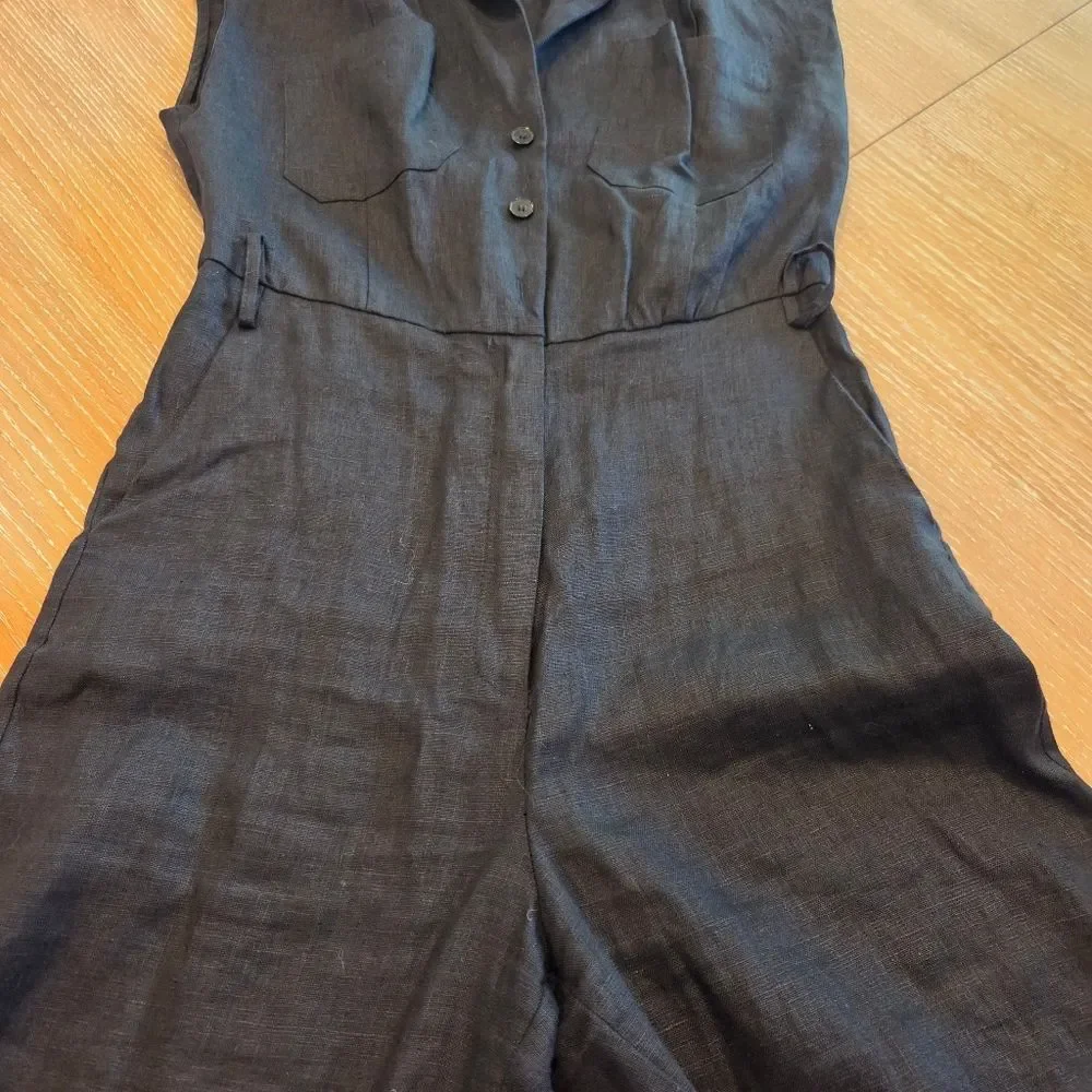 Mango Linen Women's Black Sleeveless Jumpsuit Crop Pant Button Front Pockets S